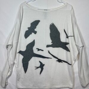 GO Couture Women's Bird Print Pullover Top‎ Relaxed Fit Long Sleeve White Sz XL